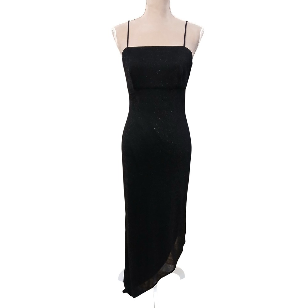 Vtg Arianna Black Sparkle Spaghetti Strap Midi Assymetric Empire Waist sz 10 Y2K